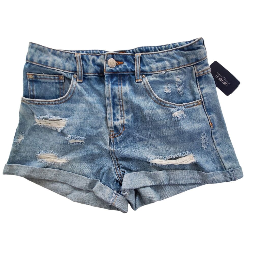 Forever 21 Jean Shorts Women’s Size 27 Cuffed Mid Rise‎ Light Distressed Denim